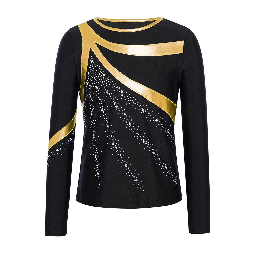 Costum patinaj artistic băieți Gât rotund Mânecă lungă Patchwork metalic Strălucitor Strassuri Top