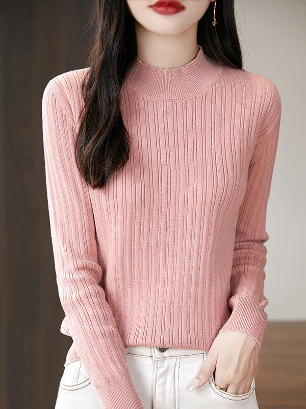 Women's Uneven Stripe Ribbed Cotton Knit Sweater - Half-High Neck Autumn/Winter Inner Layer Top