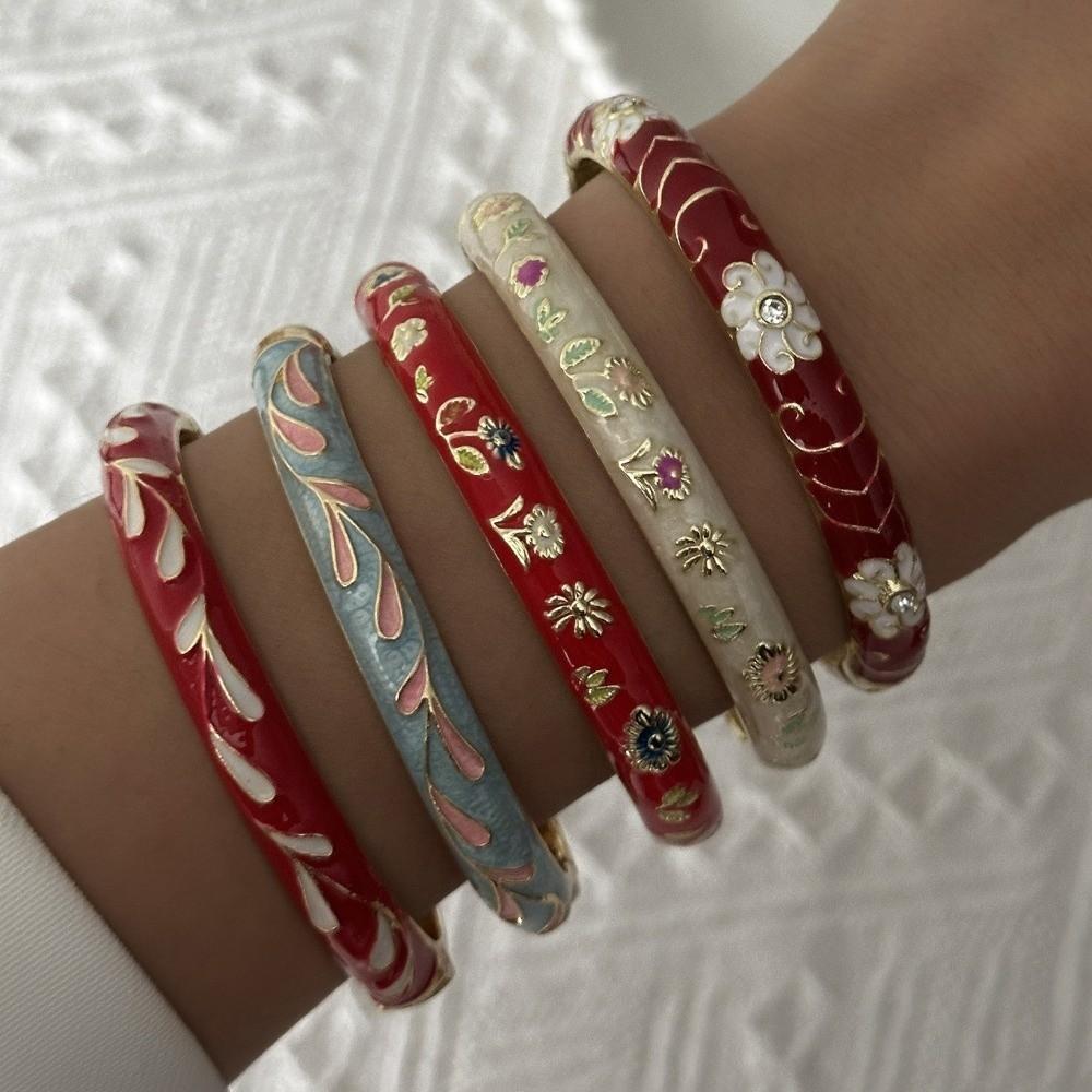 Zircon Floral Bangle Ethnic Style Cloisonne Bangle Retro Enamel Flower Bracelet Jewelry