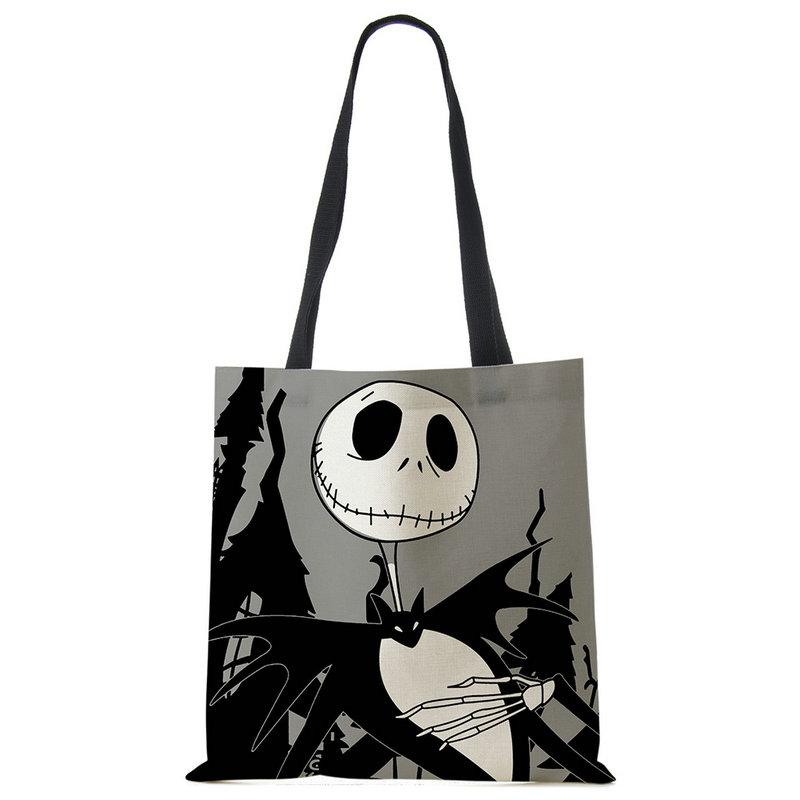 Tmavě černá Cool Skull Print Linen Tote Kabelka Ekologické opakovaně použitelné tašky pro ženy Cestování Školní taška přes rameno Skládací