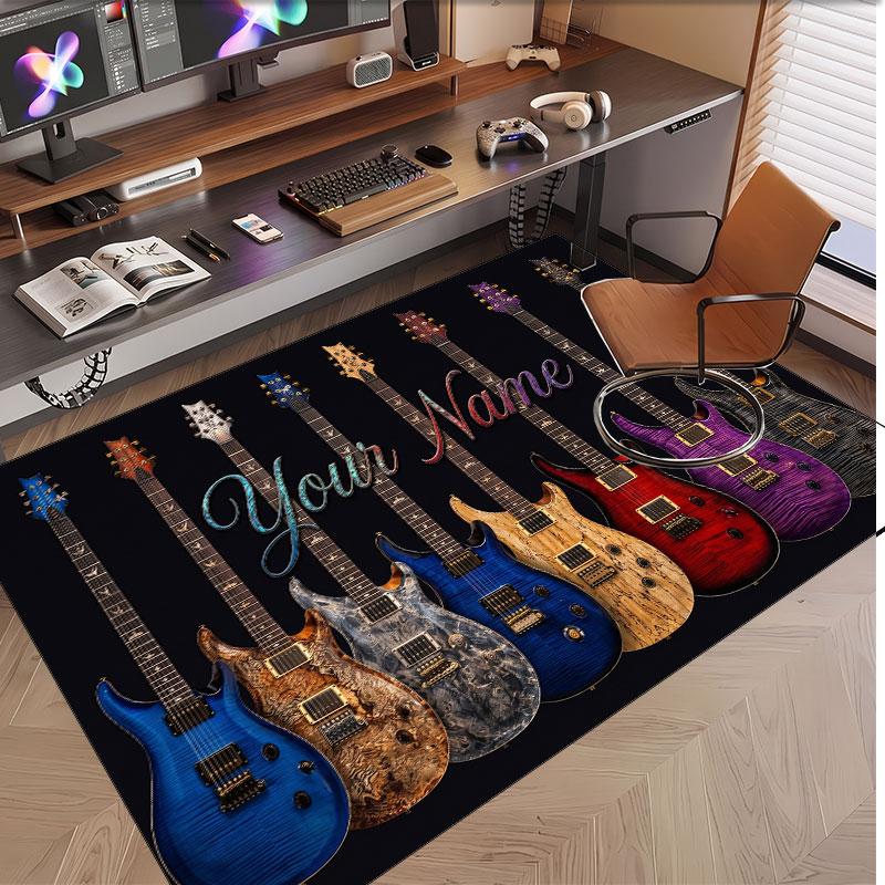 Music Guitar Theme Soft Crystal Velvet Rug Custom Name & Text Print Non Slip Floor Rug for Bedroom Living Room