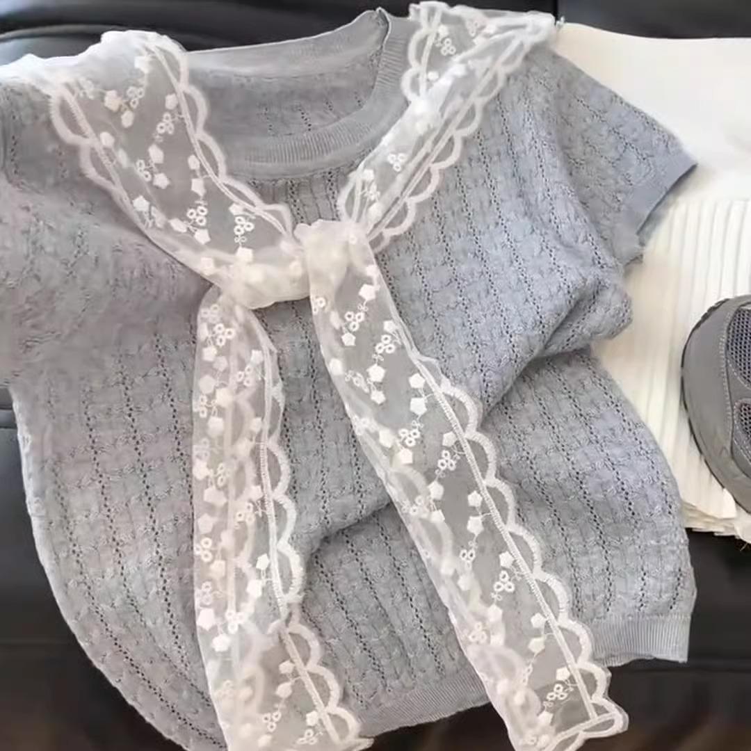 

Серый кружевной трикотажный топ с коротким рукавом для женщин - 2025 Облегающий корейский дизайн One Size