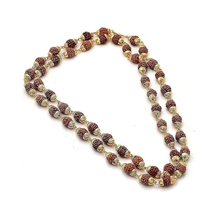 TreegoArt 5 Mukhi Golden Cap Rudraksha Mala Beads And Brass Gold Plated Cap Mala For Men Women - Pack Of 1