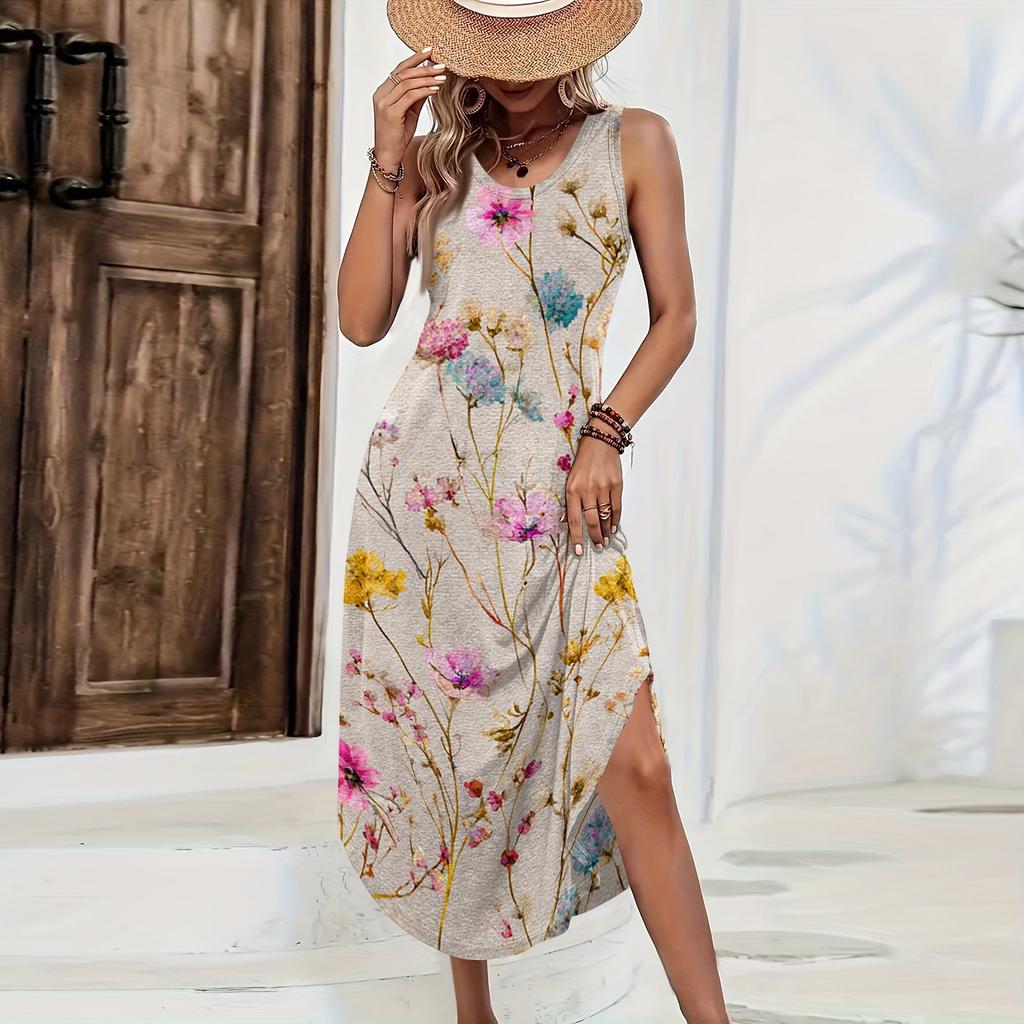 Women Sleeveless Floral Print Maxi Dress Casual Loose Fit Long Sundress Summer Lightweight Tank Style Beach Outfit
