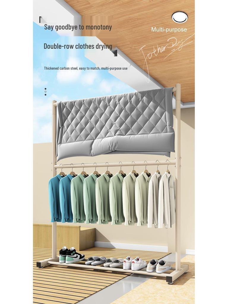 Double Layer Floor Standing Clothes Rack for Bedroom and Balcony