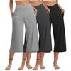3 Pack Women Elastic High Waist 3/4 Pant Casual Active  Fit Wide Capris Leg Pants Trousers With Pockets