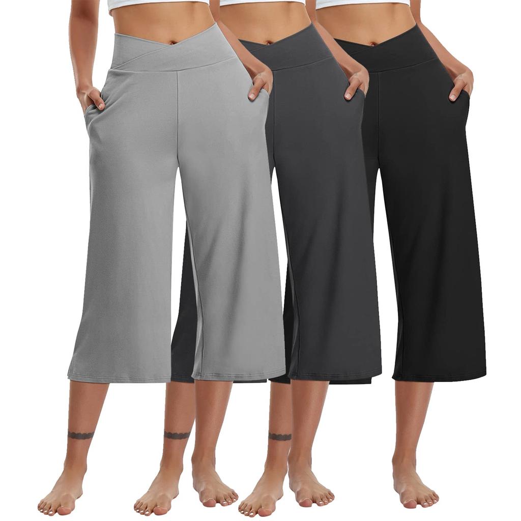 3 Pack Women Elastic High Waist 3/4 Pant Casual Active  Fit Wide Capris Leg Pants Trousers With Pockets