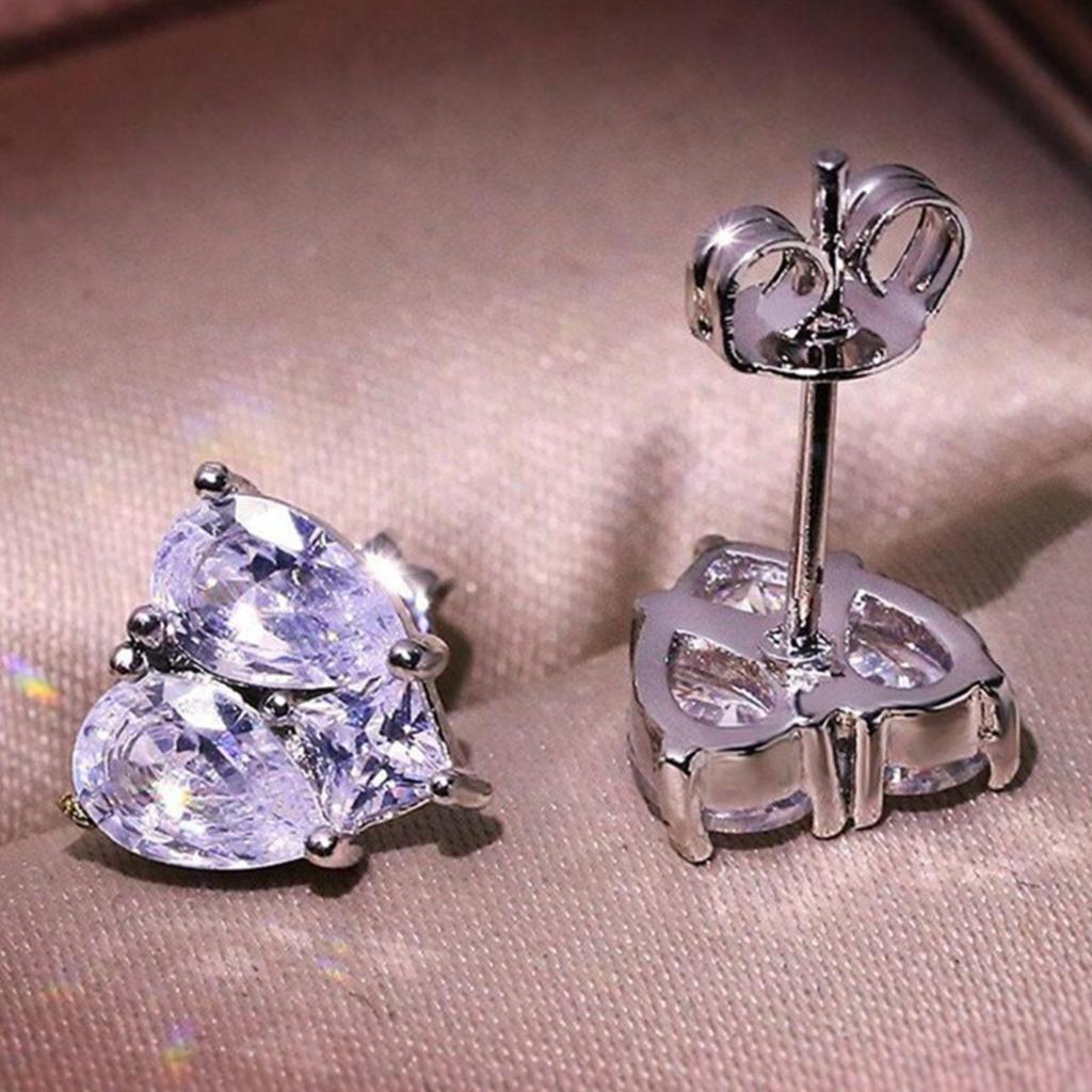 Two Pear Cut Stones Combined Heart Shaped Stud Earrings Prong Set Sparkling Small Ear Studs for Women Daily Romantic Jewelry