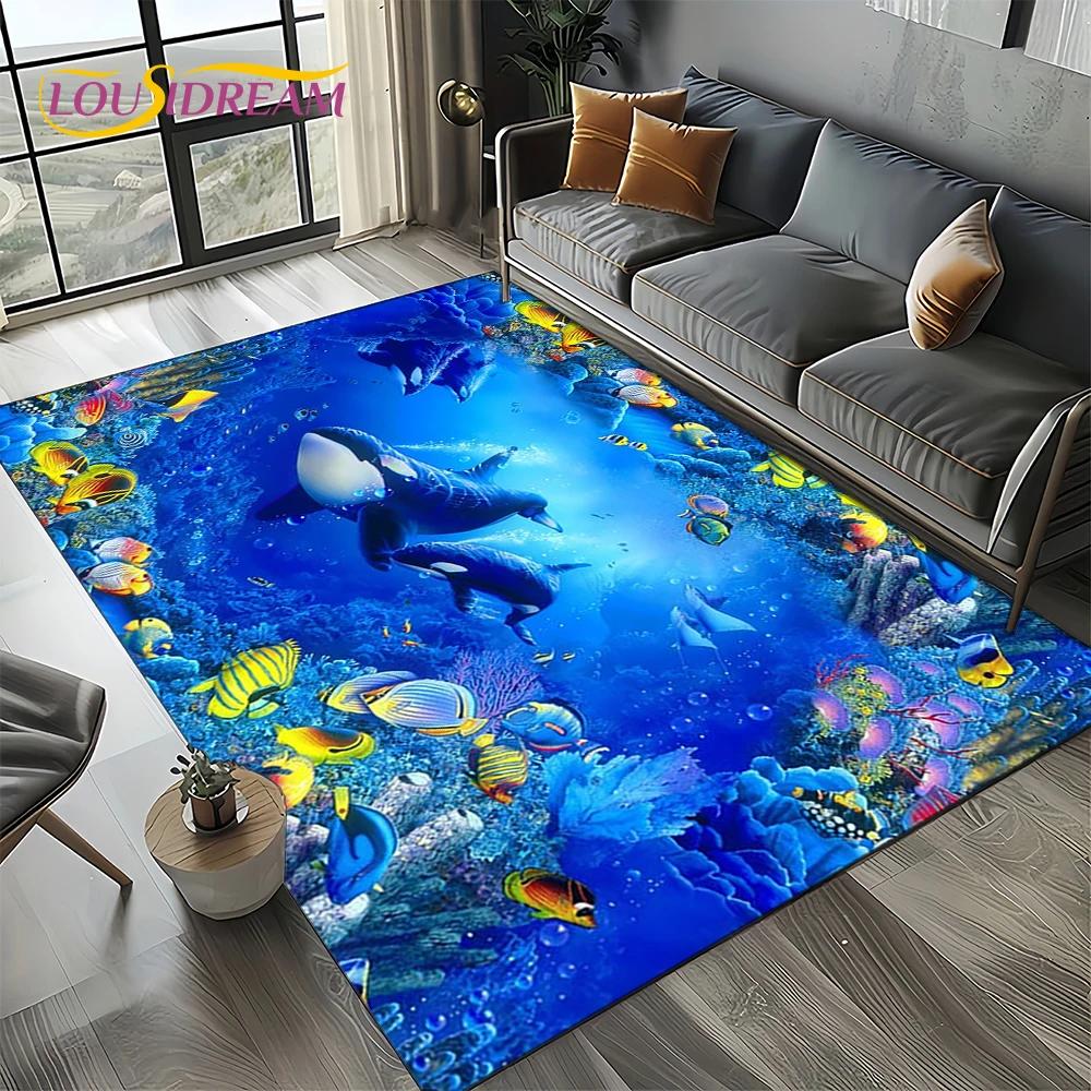 Underwater World 3D Illusion Seabed Cartoon Shark Dolphin Carpet Rug for Living Room Bedroom Home Sofa Decoration,Floor Mat Kid