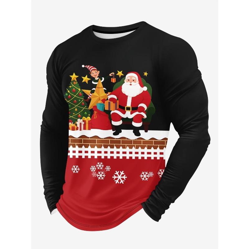 Christmas Elements Santa Claus 3D Printing Men's Spring Autumn Tops T-shirts Fashion Versatile Loose Breathable Long Sleeve O-neck T-shirt Casual