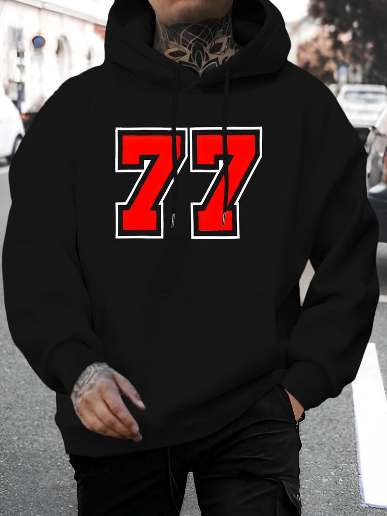 New 2025 Unisex No. 77 Letter Pattern Print Hoodie - Autumn And Winter Casual Knitted Fabric Pullover with Drawstring Hood, Regular Fit, 100%, Long Sl