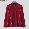 INCERUN Men Mockneck Long Sleeve Zip-up Hem Stitching Casual Fitted T-shirts Tops