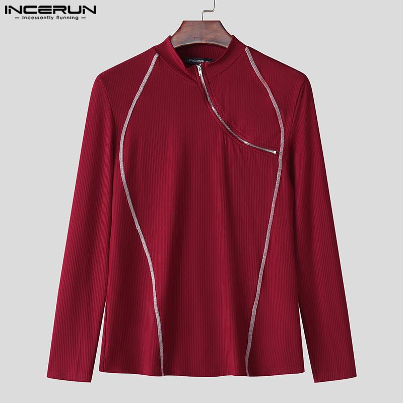 INCERUN Men Mockneck Long Sleeve Zip-up Hem Stitching Casual Fitted T-shirts Tops