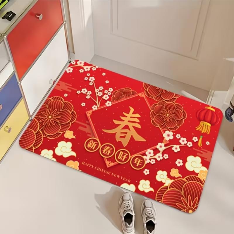 Happy New Year Red Festive Doormat Non-Slip Machine Rug for Living Room Kitchen Bedroom Bathroom Laundry Perfect Holiday Decor