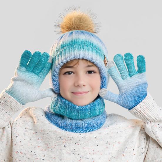 3Pcs/Set Kids Winter Knitted Scarf Gloves Set Pom Pom Ball Rainbow Color Brimless Hat Touchscreen Gloves Neck Warmer Set