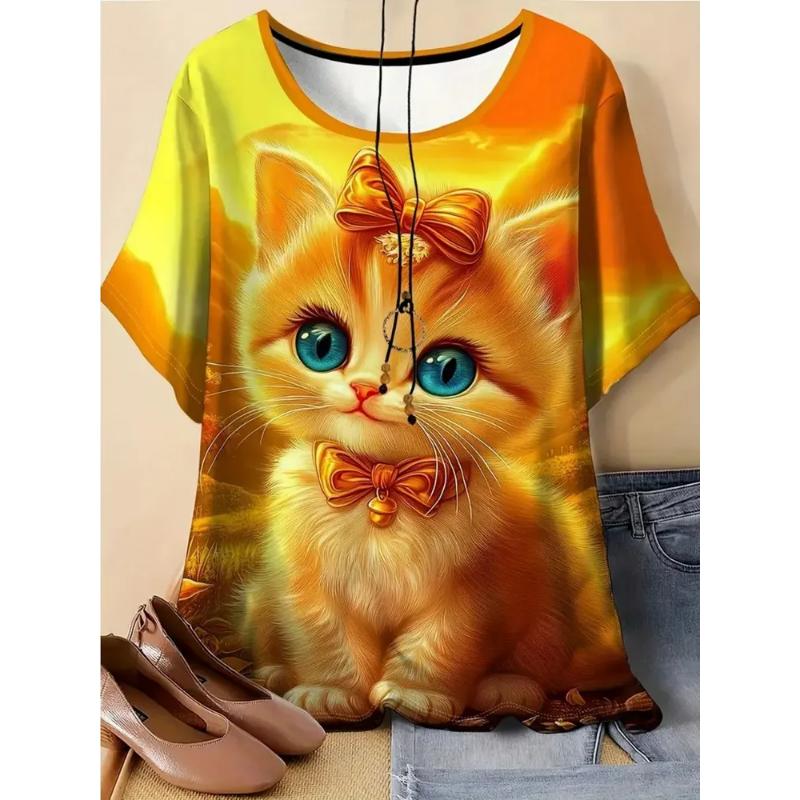 Fashion Women's Crew Neck Short Sleeve 3D Animal Color Printing Animal Short Sleeve Crew Neck T-Shirt