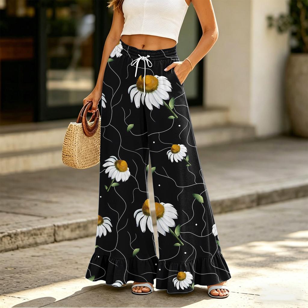 Damen Palazzo-Hose mit Taschen Hoher Bund Kordelzug Lässig Lockerer Schnitt Lange Hose für den Alltag