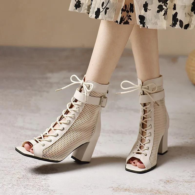 Fashion 2024Lace-up cold boots women's summer hollow short ankle stiletto heels Plus size fish mouth sandals