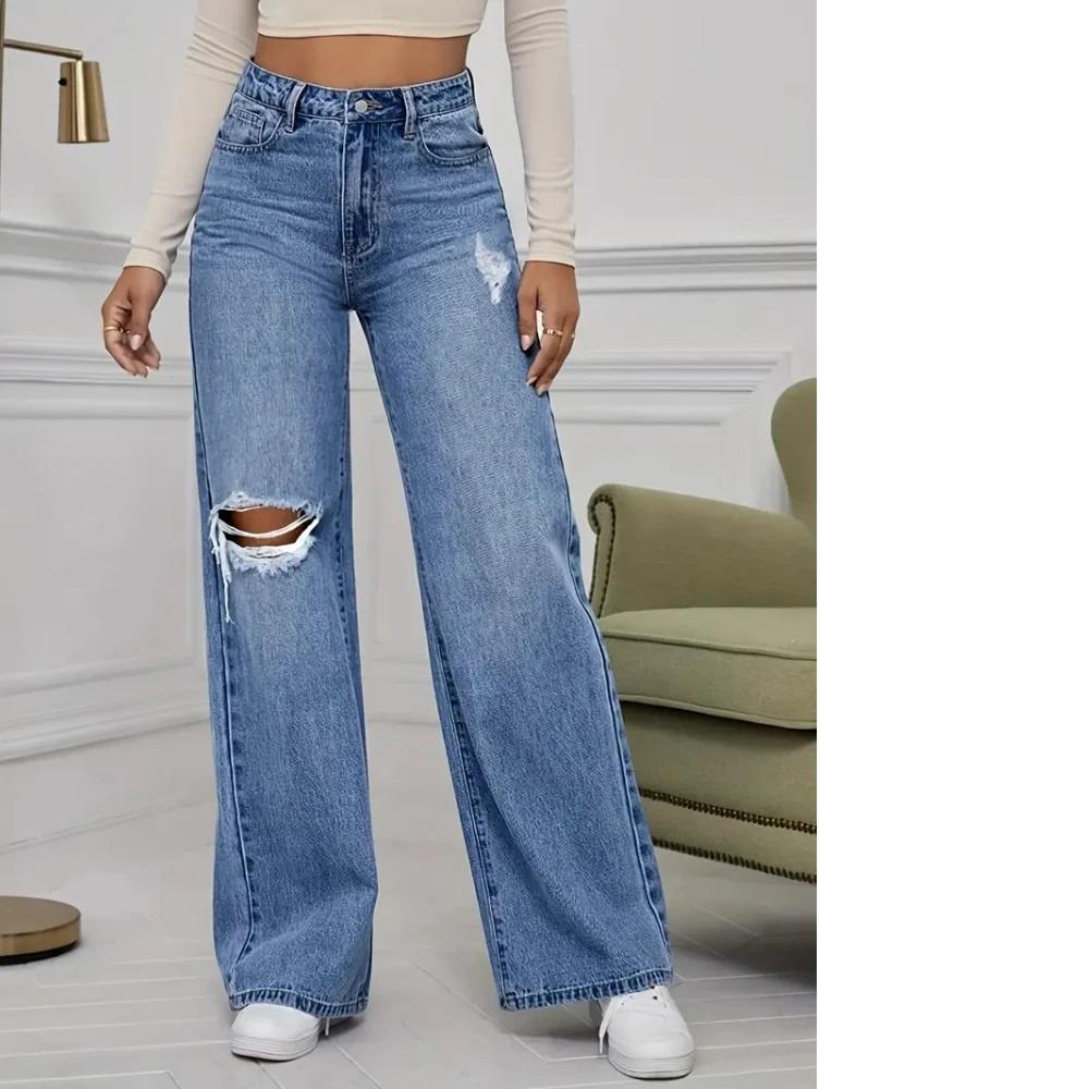 Women's Jeans Denim Pants Wide Leg Vintage Distressed Ripped Trousers 2026 Streetwear Washed Pockets Floor Length Hole Jeans
