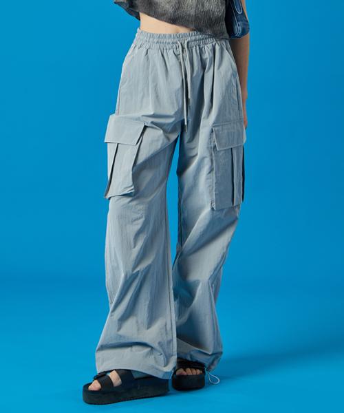 KOLEAT Summer Cooling Crinkly Wide Elastic Waist Big 3D Cargo Slacks Pants [Sky Gray]