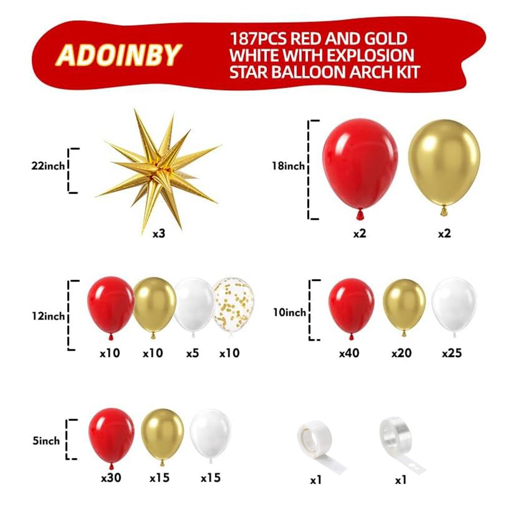 187/140pcs Red, Black, and Gold with Exploding Star Balloon Arch Set, Suitable for Birthday and Christmas Decoration