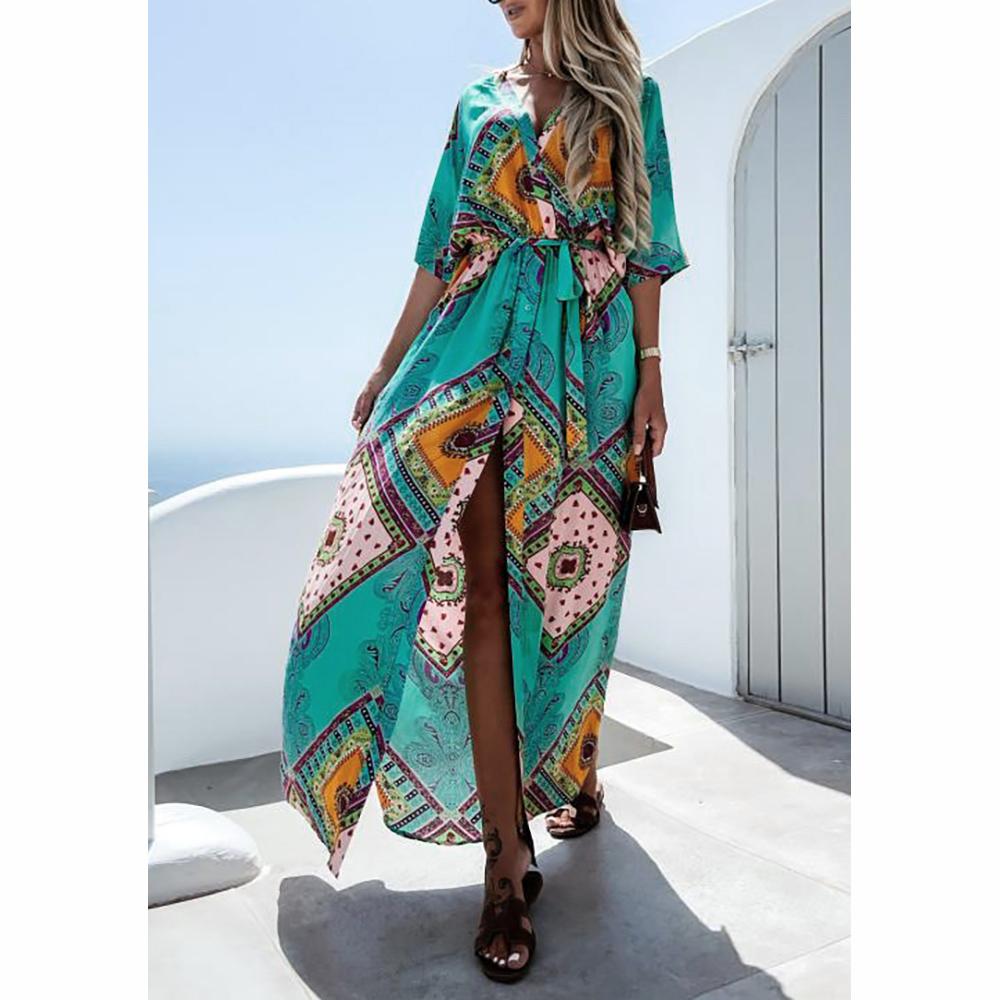 

LAPA Женщины Богемский Кардиган Пояс Подол Щель Обертывание Макси Платье