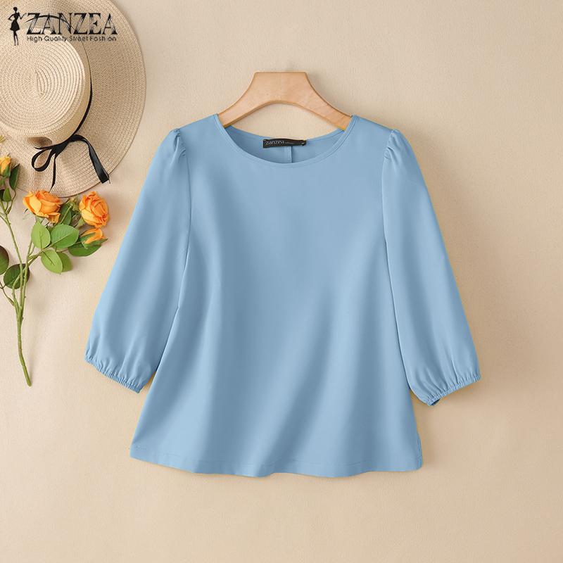 ZANZEA Women Casual Round Neck Loose 3/4 Sleeve Solid Blouse