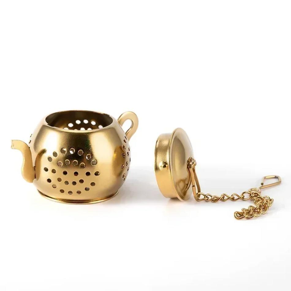 Gold Teapot Shaped Stainless Steel Loose Leaf Tea Infuser Reusable Tea Strainer For Herbal Spice Teaware Ceremony Accessories
