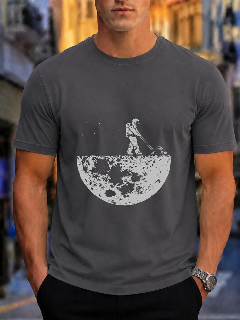 2026 New Arrival Pure Cotton Tshirt Creative Astronaut Mowing On The Moon Print Crew Neck Unisex Top Casual Short Sleeve