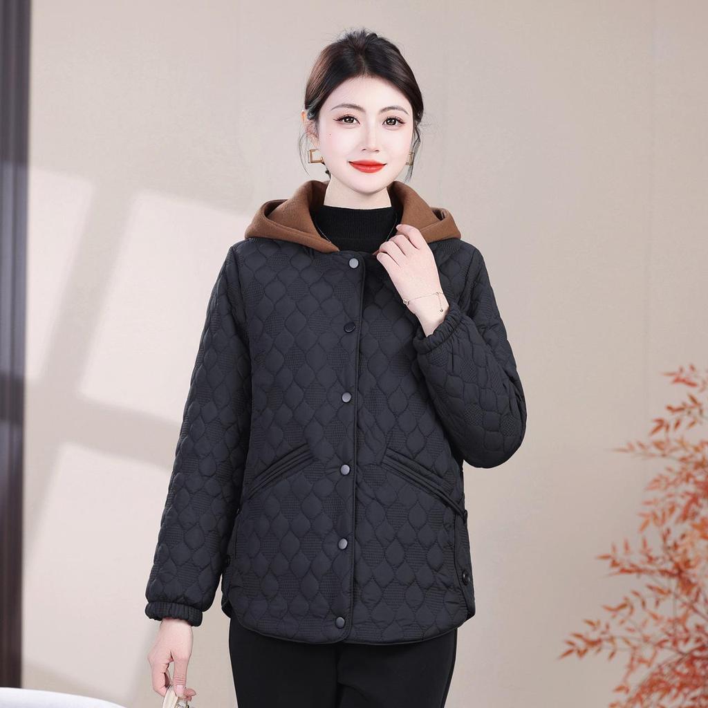 2025 Autumn/Winter Women's Diamond Pattern Hooded Cotton Coat - Warm Color Block Jacket for Middle-aged and Elderly Mothers