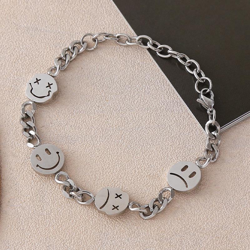 European Smiley Face Stainless Steel Bracelet & Hip Hop Cartoon Necklace Set