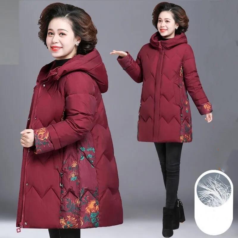 Women Winter Korean Loose Long Thick Warm Puffer Coat Middle-aged Elderly Plus Size Padded Elegant Parkas