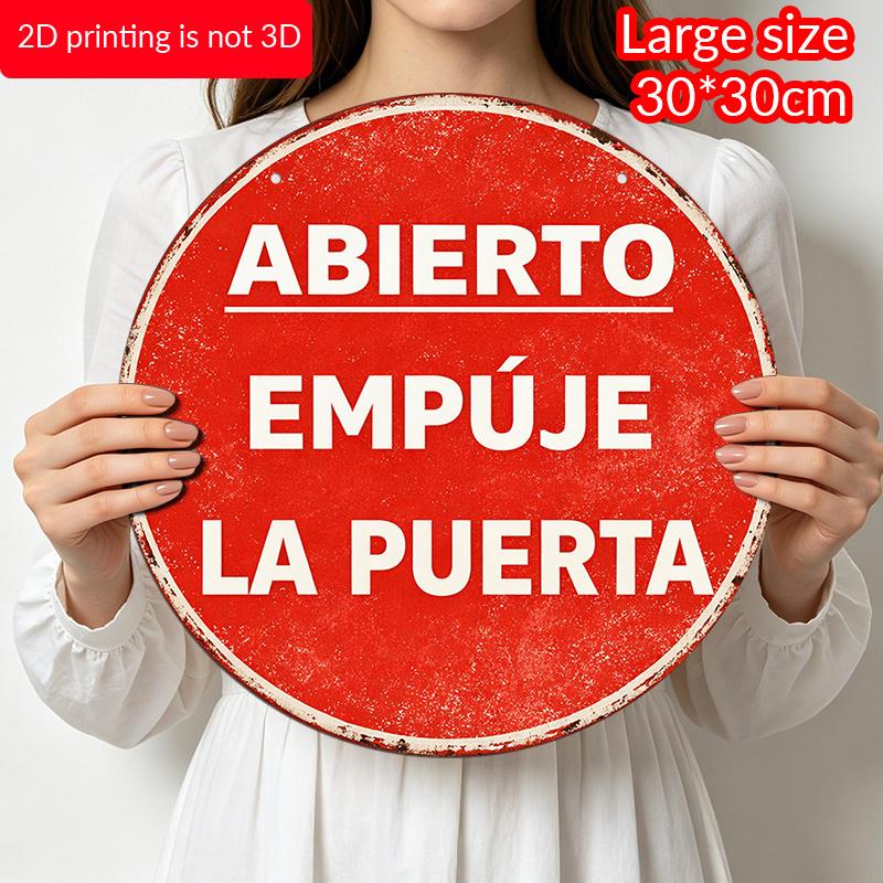 2D Flat, 1pc Round Aluminum Hanging Sign, Vintage Distressed Red Background White Spanish Text Abierto Empuje La Puerta Print, Shop Cafe Bar