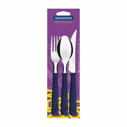 Tramontina 20cm Steak Knife, 18cm Table Fork, and 18cm Table Spoon Set (New Colors, Blue), Dishwasher Safe, Lightweight, Made in Brazil, Product Code: