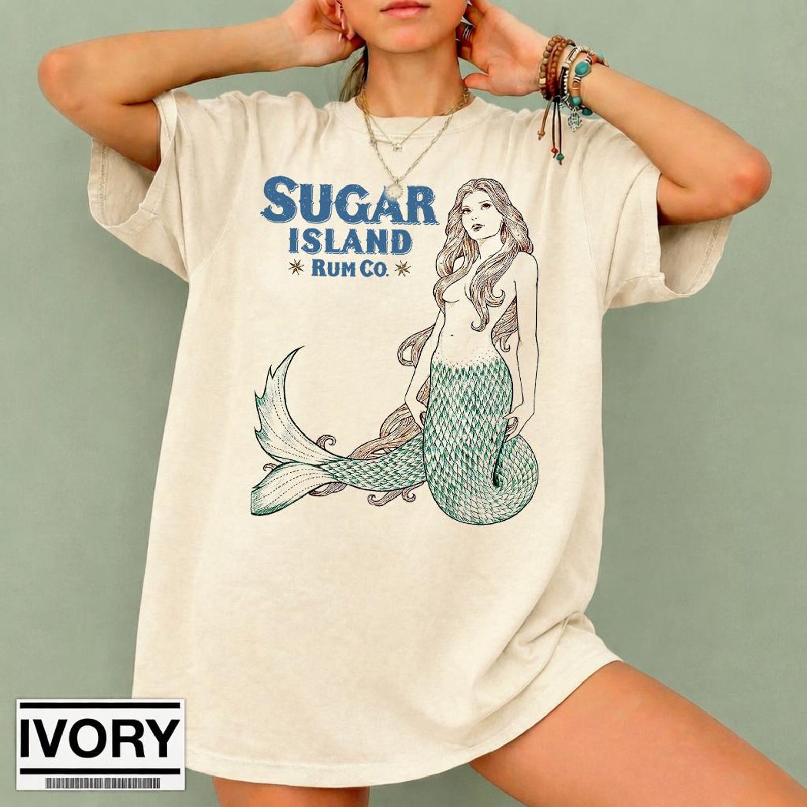 Vintage Mermaid Shirt, Sugar Island Rum Co Tee, Coastal Cowgirl Shirt, Beach Graphic Tee, Retro Ocean Shirt, Summer Vacation Top 4XL