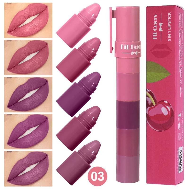 5 In 1 Matte Lipstick Crayon Kit Combo Red Purple Lip Tint Velvet Sexy Multicolour Lipstick Pen Non-stick Cup Lasting Lip Makeup