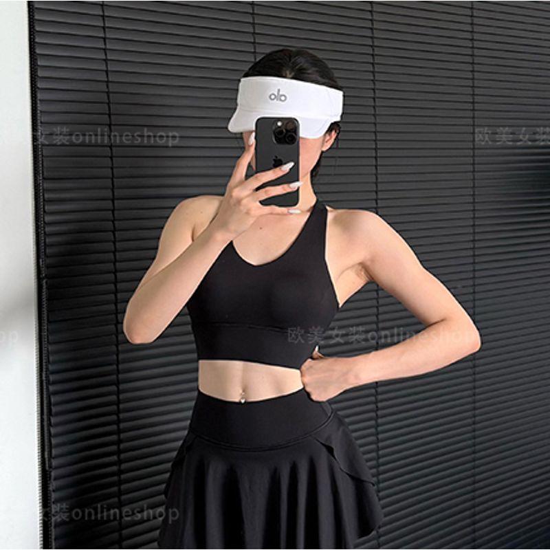

European and American Yoga Suit Quick-Drying Training Pilates Workout Clothes Sports Beauty Back Bra Fake Two-Piece Tennis Culottes Women Black Bra L