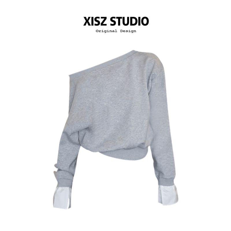 

Korean Style Idle Style Patchwork Cuff off-Shoulder Sweater Women s Fall Winter Fashion Loose Western Style Short Casual All-Matching Tops Gray S