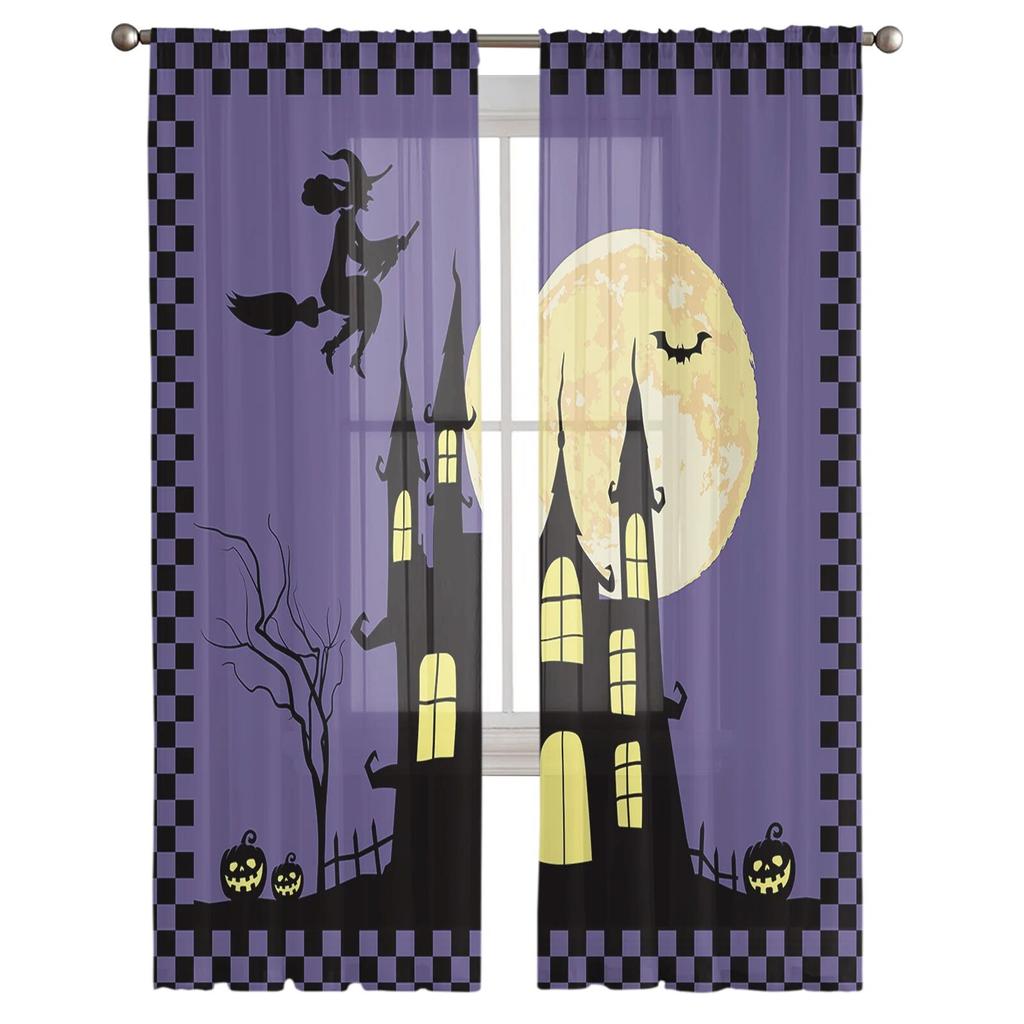 Halloween Gitter Schloss Hexe Mond Wohnzimmer Schlafzimmer Transparente Gardinen Urlaub Dekoration Fenster Voile Tüll Vorhang