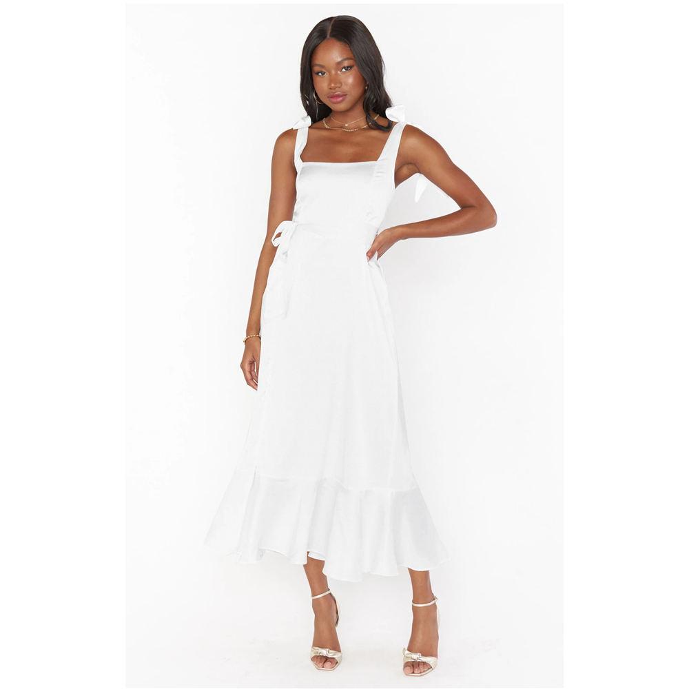 Women's Elegant Bridesmaid Dresses Square Neck Ruffle Slit Hem Midi Formal Dress for Wedding Guest Cocktail Party
