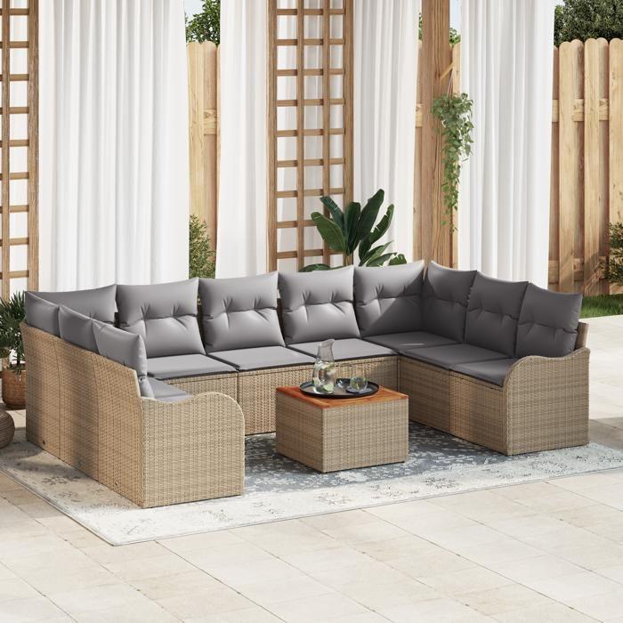 VidaXL Ensemble de Canapés de Jardin 10 Pièces avec Coussins Beige en Rattan Poly Acacia 3356166