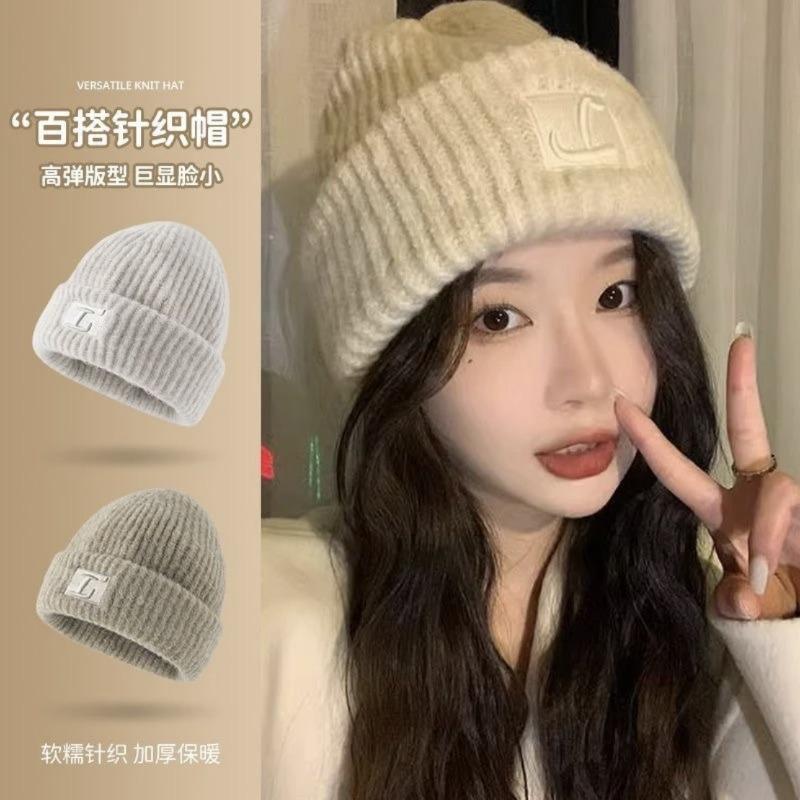 Big head circumference thick wool hat women's autumn and winter loose warm pile cold hat big face small knitted ear hat