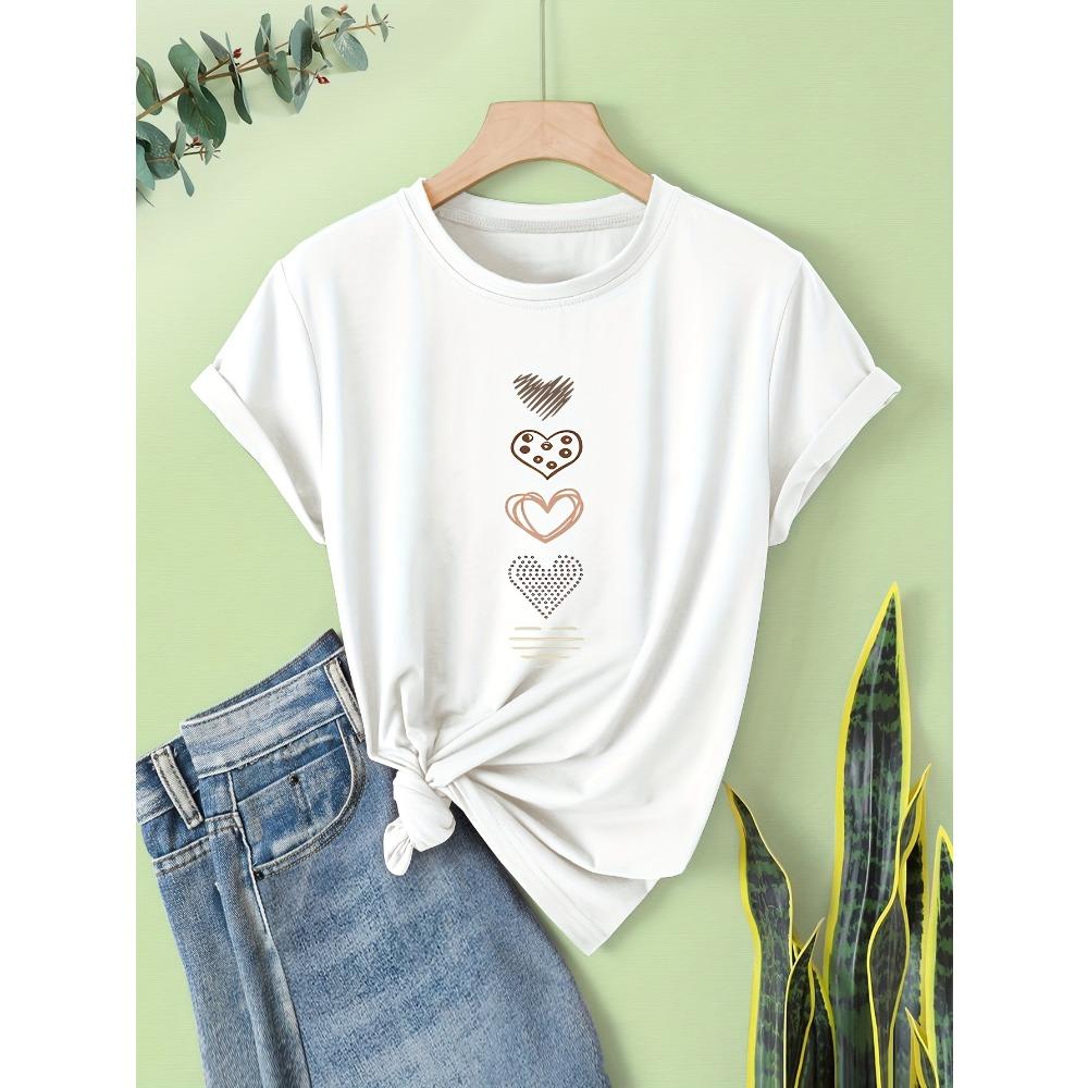 Women Cotton Short Sleeves T-shirts Minimalist Hearts Women's Tee Cute Doodle Graphic Casual Everyday Top