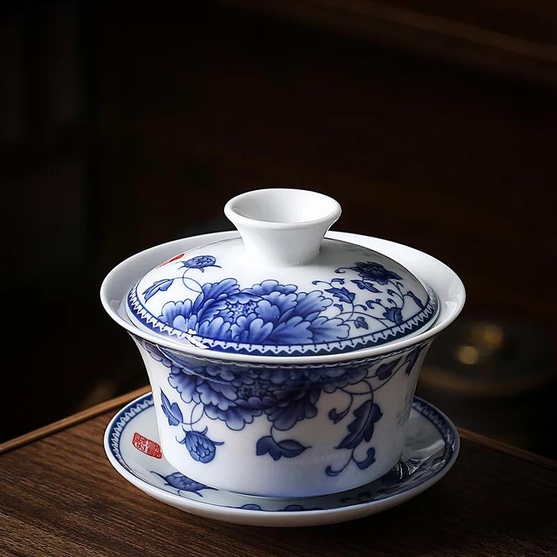 Chinese Blue And White Porcelain Gaiwan Portable Travel Tea Bowl Home Ceramic Teacup Handmade Teaware Personal Single Cup 140Ml