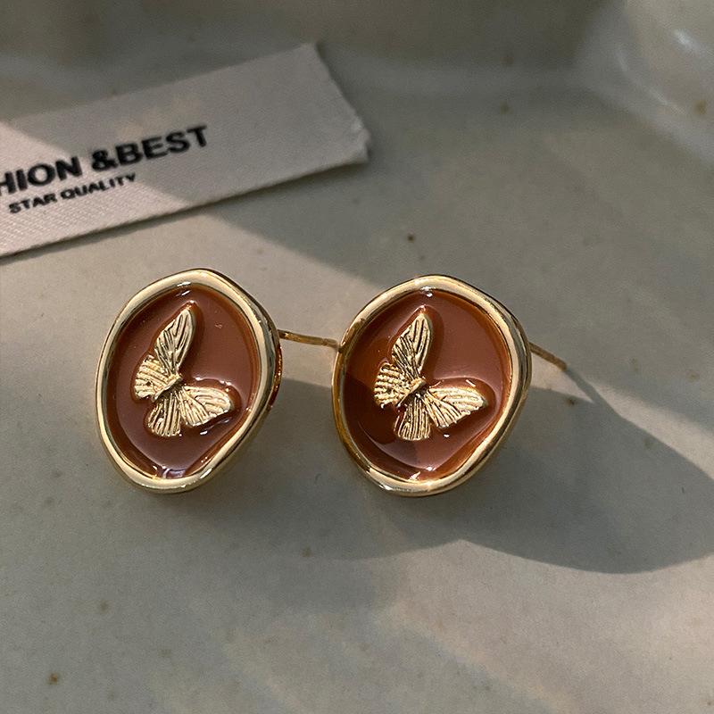 Butterfly Stud Earrings Maillard Geometric Design Niche Earrings French Retro Drip Glaze Earrings Women