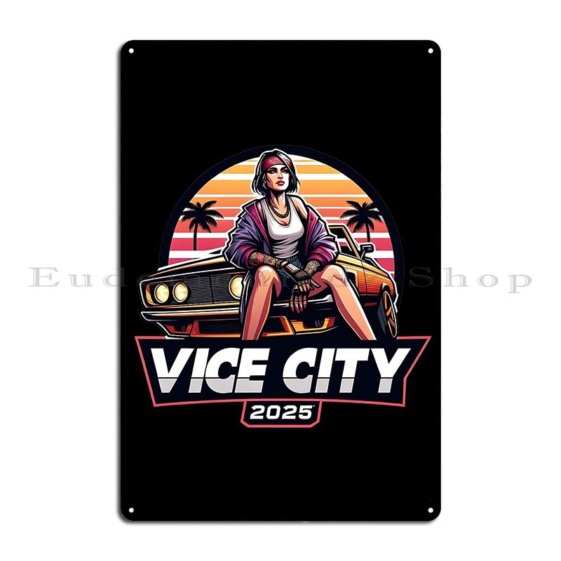 Nacht in Miami: Vaporwave-Vibes Oldtimer in Vice City Metalldekoration Clubparty Malerei Dekor Kino Blechschild Poster