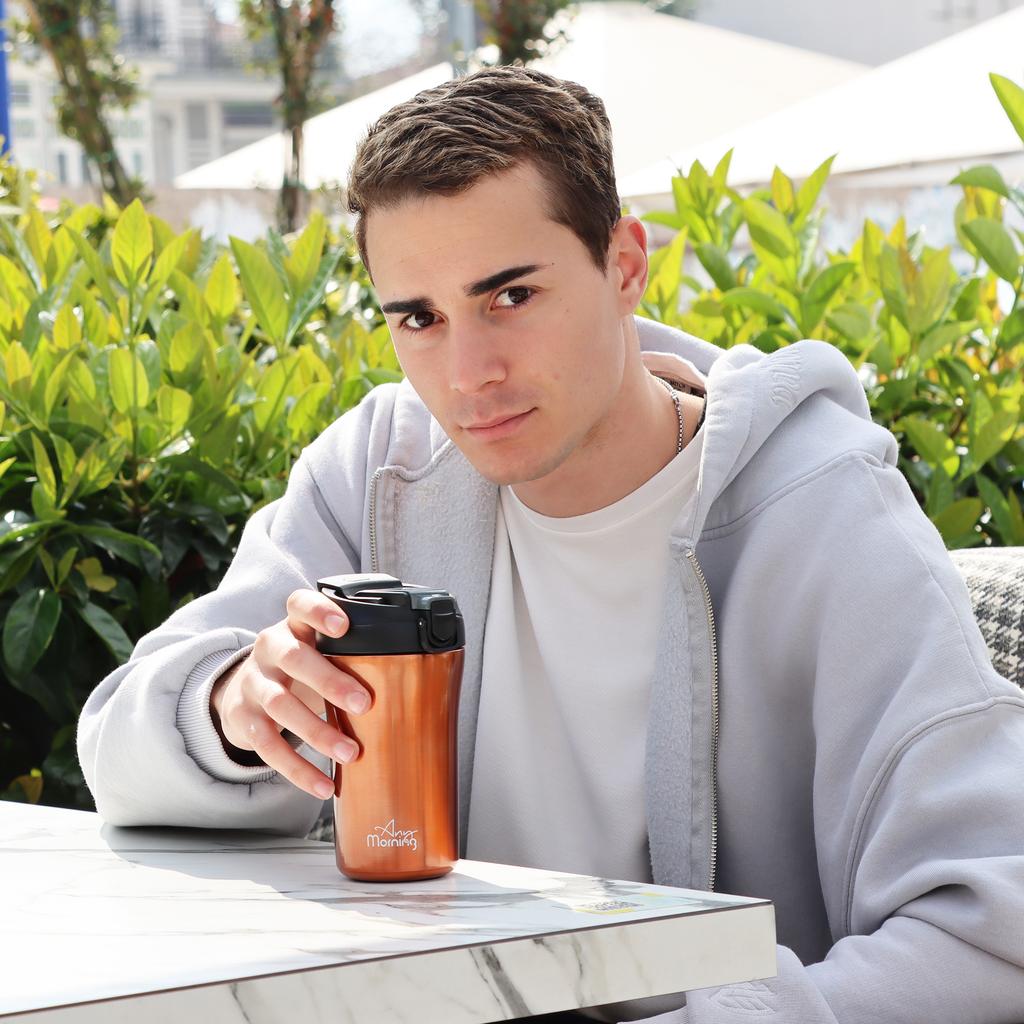 Any Morning SI232021 Two Mouth Travel Mug, Insulated Stainless Steel Coffee Tumbler, 14 oz, Copper