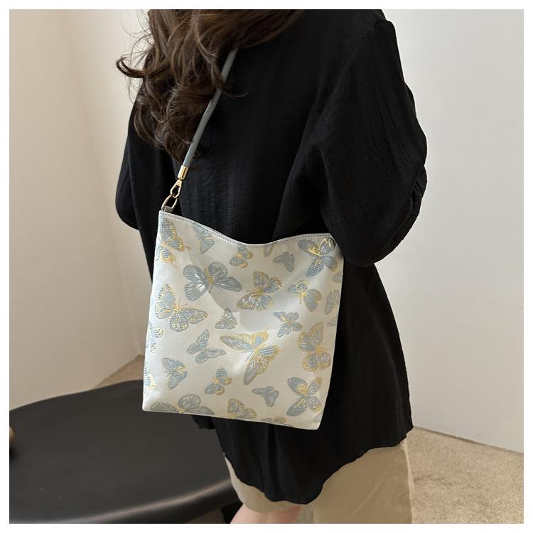 New Chinese Style Silk Bucket Bag Women Fashionable Woven Shoulder Purse Soft Underarm Handbag