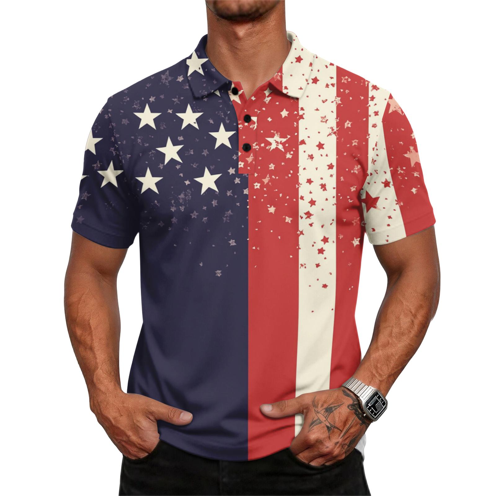 

Men s Casual Loose Fit Short Sleeve Polo Shirt with Mixed Pattern Design Flag Stripes and Dots Print Lightweight Comfortable Top M