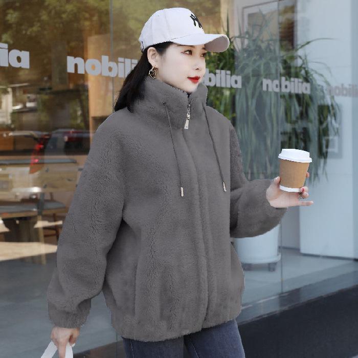 Women's Winter Stand Collar Fleece Jacket - Double-Sided Thick with Zipper and Warm Sweater Cardigan Design